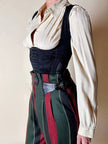 Pantalone a vita alta in lana jacquard a righe verticali con cinturini in pelle nera