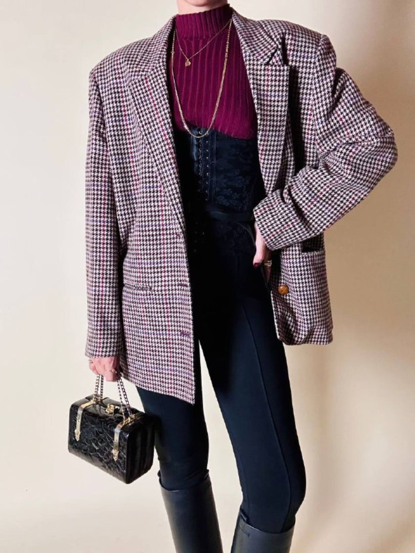 Blazer United Class Coll Colors Benetton in lana pied de poule beige e cioccolato con bottoni berlebeck