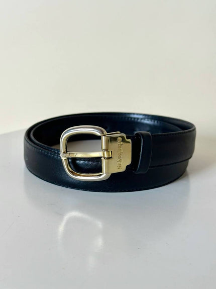 Cintura vintage Yves Saint Laurent in pelle nera con fibbia oro