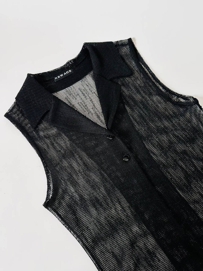 Gilet vintage lungo in rete nera con rever e spacchi laterali New Age