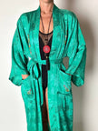 Green rayon jacquard kimono robe with multicolor embroidery