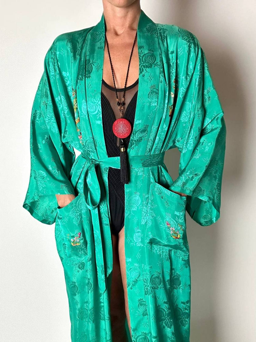 Green rayon jacquard kimono robe with multicolor embroidery