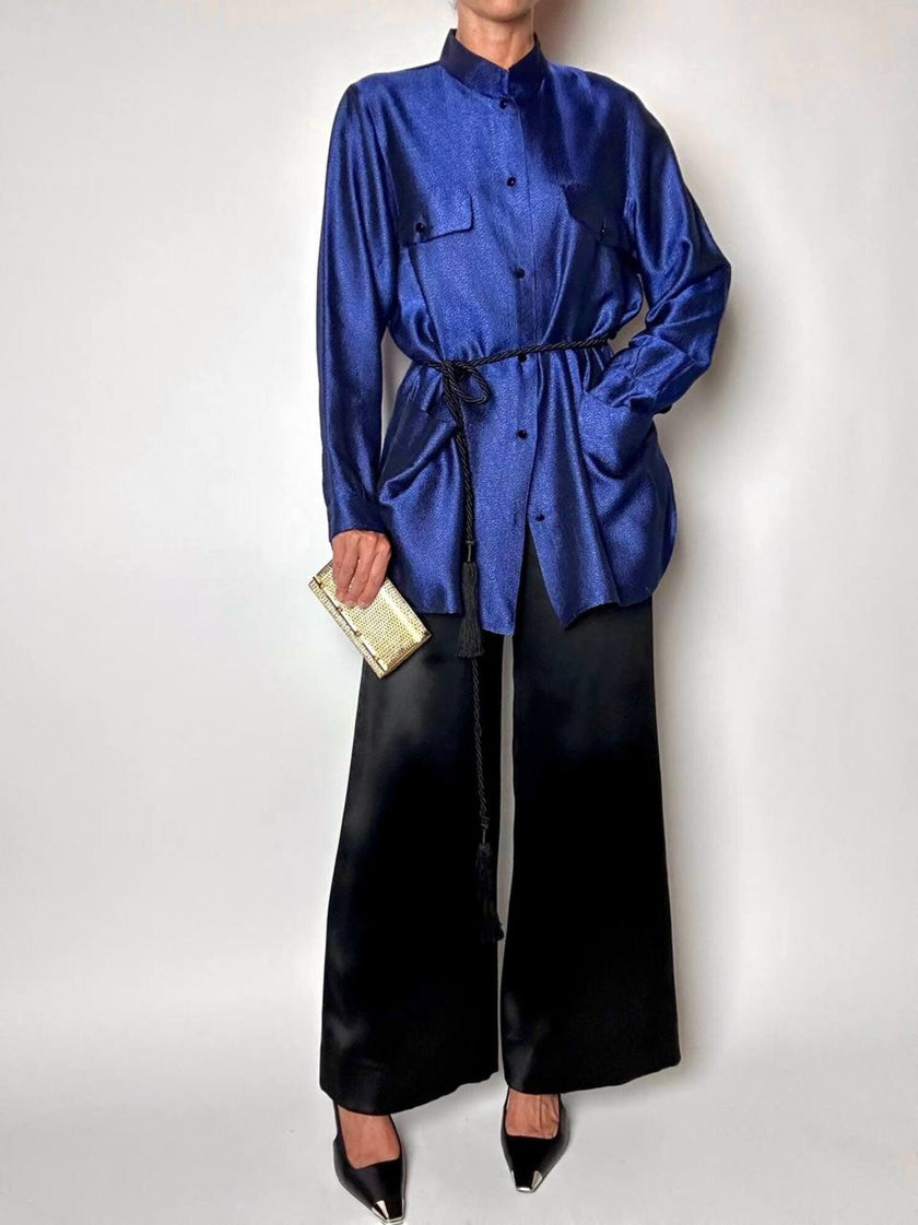 Giacca-camicia vintage in tessuto jacquard bluette