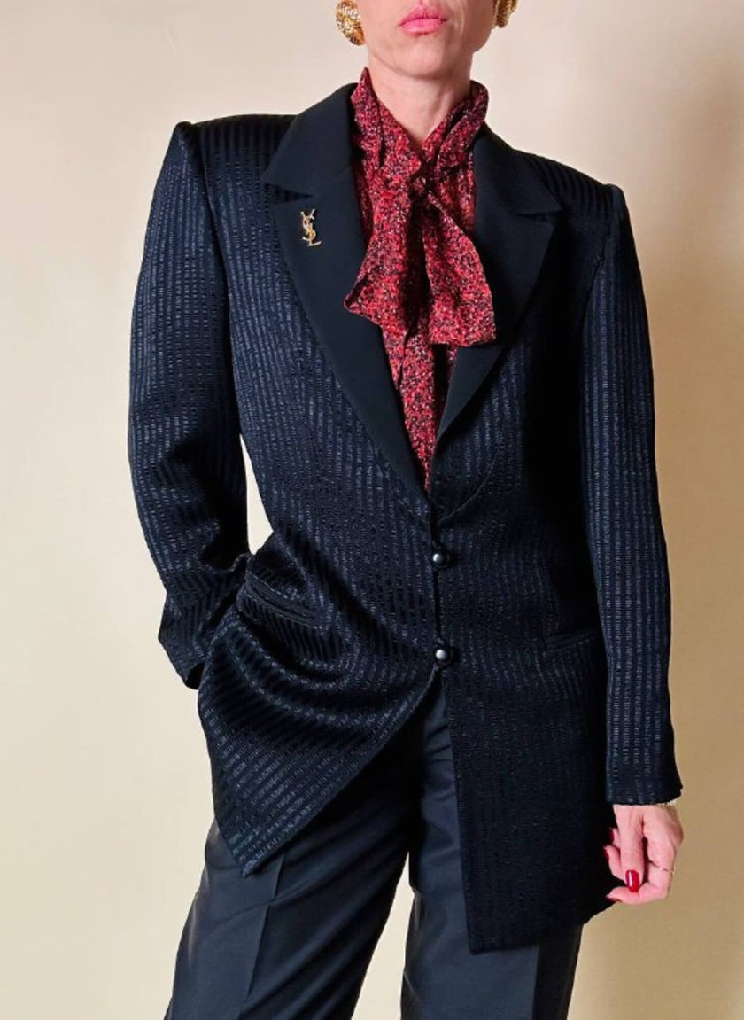 Blazer nero a righe in tessuto lucido “State off Claude Montana”