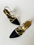 Sandali vintage Yves Saint Laurent in raso di seta nero e pelle laminata oro