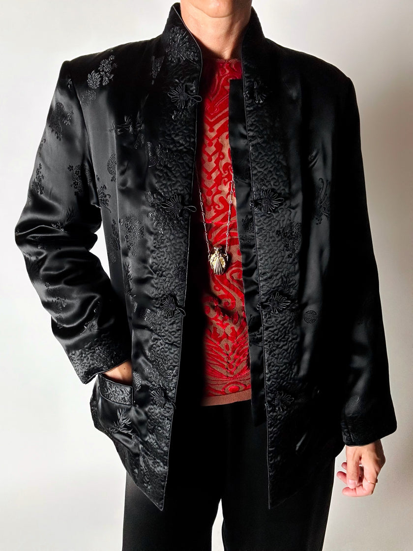 Giacca vintage tradizionale cinese in raso jacquard nero con alamari