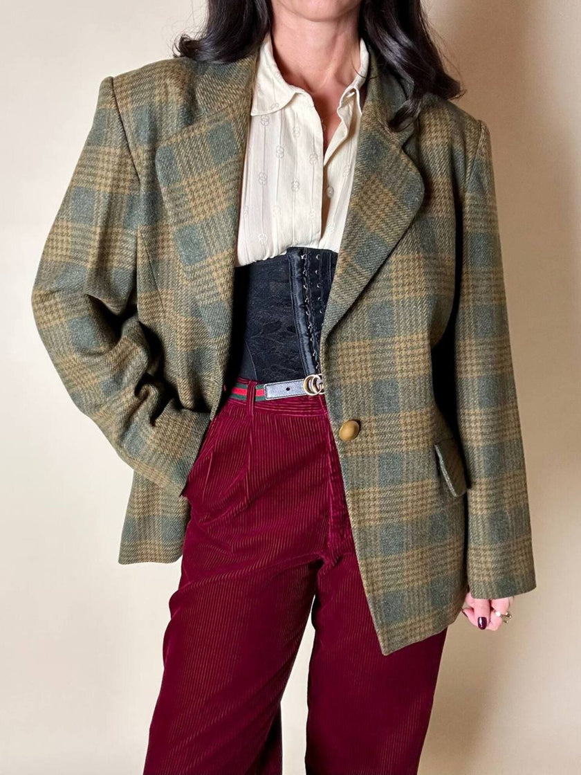 Blazer Yves Saint Laurent de lana con estampado de Príncipe de Gales verde y ocre
