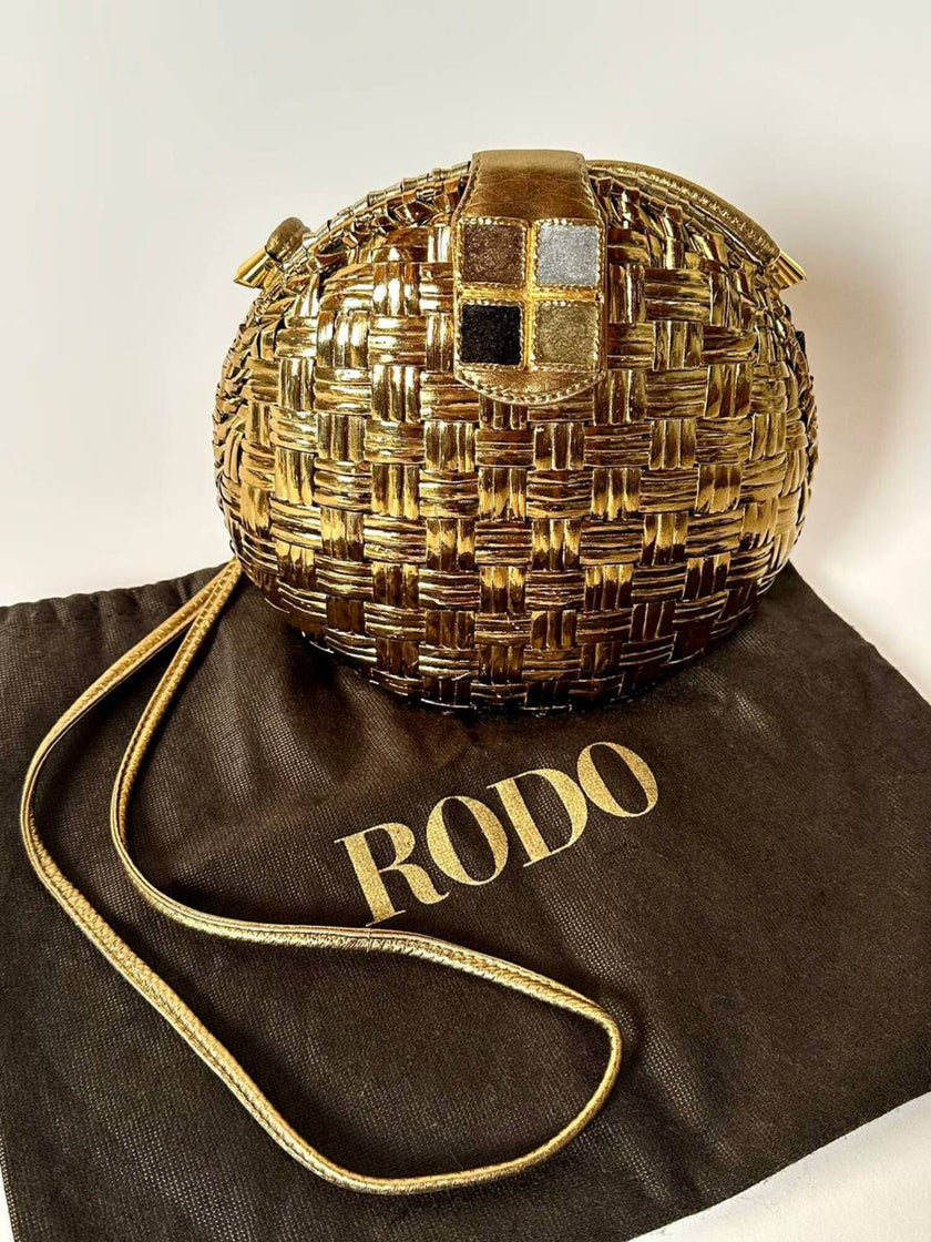 Borsa bandoulière vintage Rodo in midollino bronzo con chiusura gioiello