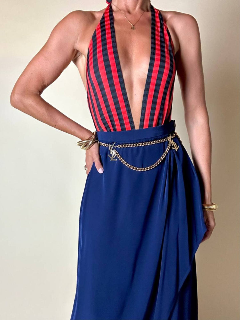 Gonna Yves Saint Laurent modello lungo a portafoglio blu oltremare
