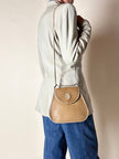 Borsa Yves Saint Laurent in tessuto plastificato millerighe color cammello con riporti in pelle argilla