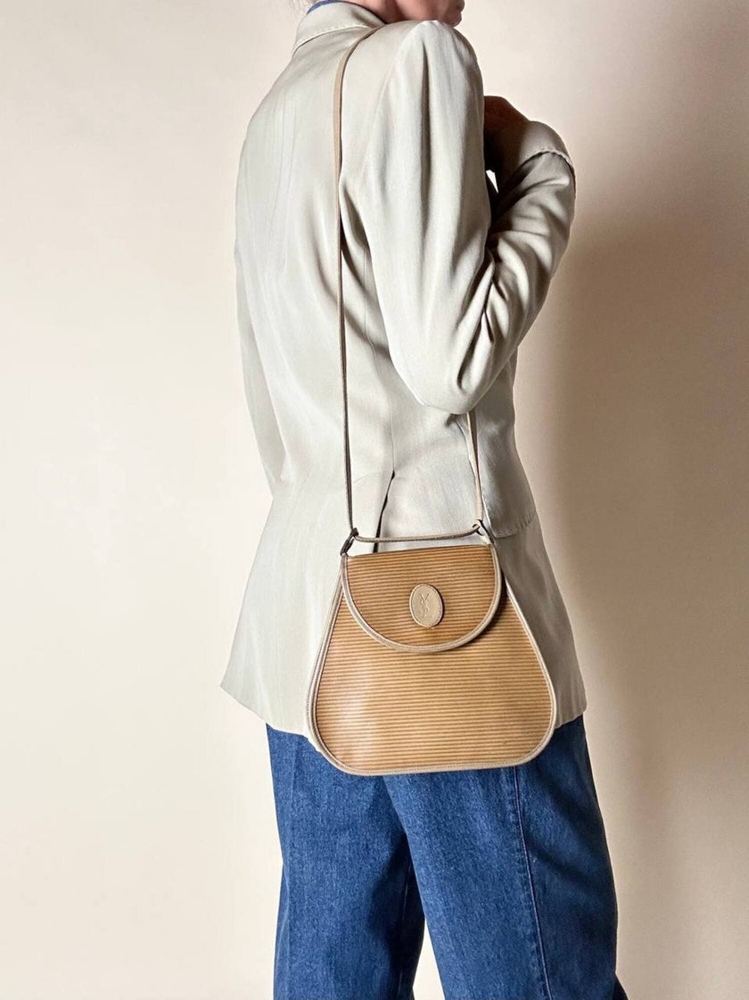 Borsa Yves Saint Laurent in tessuto plastificato millerighe color cammello con riporti in pelle argilla