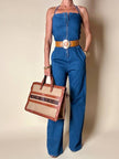 Borsa Yves Saint Laurent in canvas beige con profili color cuoio e motivo greca con logo