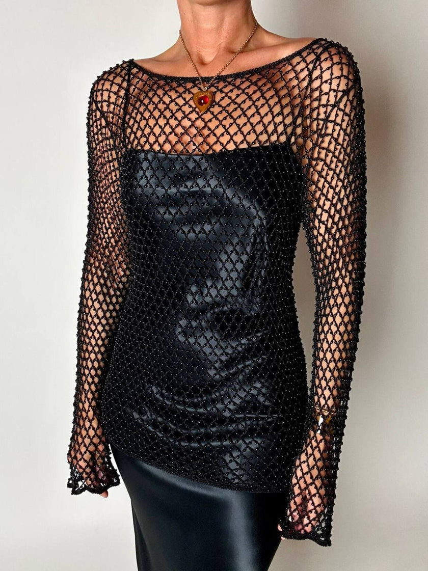 Maglia gioiello vintage List in rete operata con microperline nere