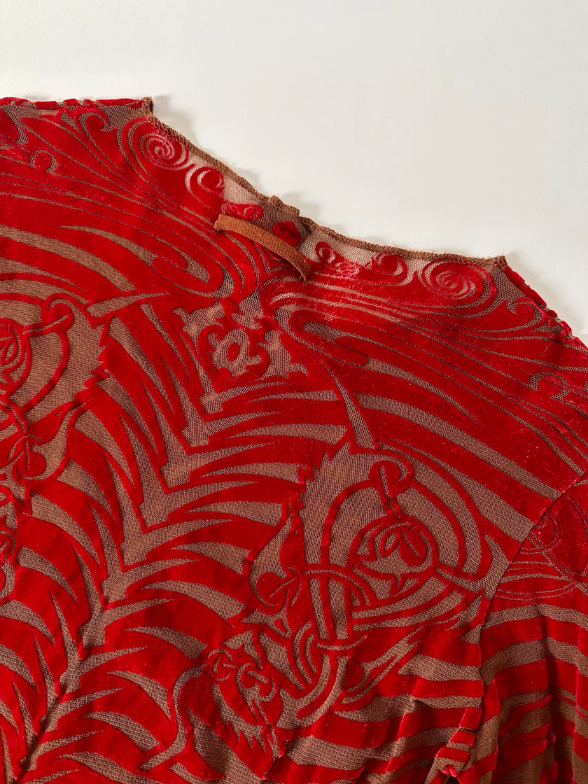 Maglia vintage Jean Paul Gaultier in mesh con stampa in floccato rosso