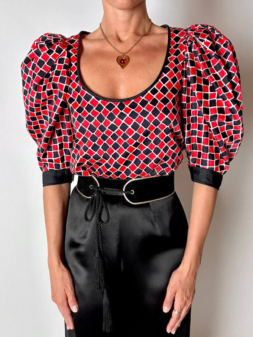 Blusa vintage Yves Saint Laurent fantasia Arlecchino con maniche a palloncino
