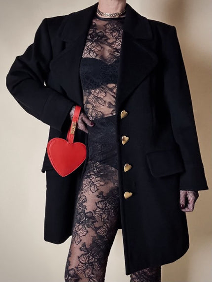 Cappottino vintage Yves Saint Laurent in lana nera con bottoni dorati a forma di cuore