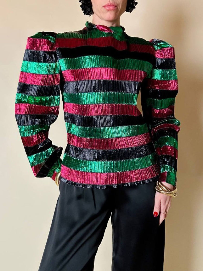 Blusa in lamé goffrato a righe orizzontali multicolor