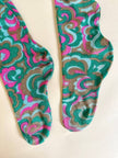Collant fantasia floreale psichedelica nei toni del verde e rosa e nocciola “Helanca”