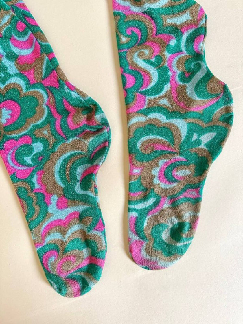 Collant fantasia floreale psichedelica nei toni del verde e rosa e nocciola “Helanca”