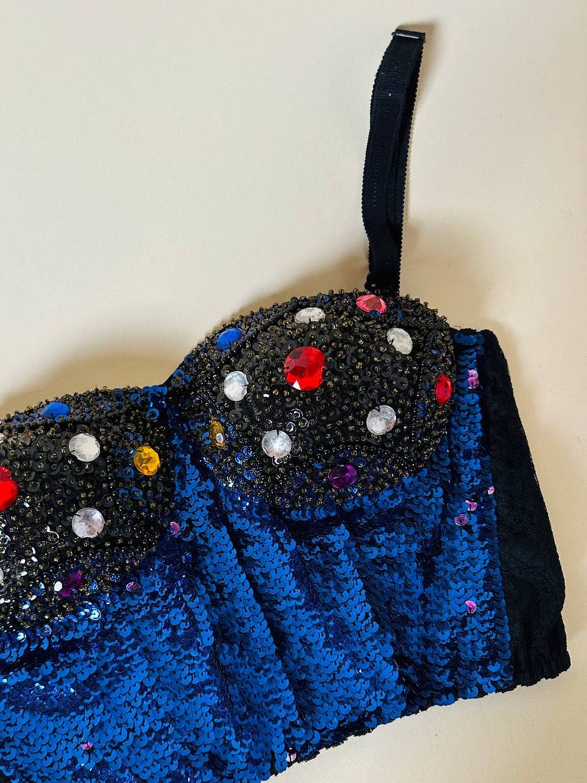 Bustier ricamato in paillettes bluette e strass multicolor