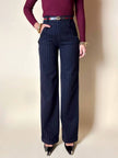Pantalone a vita alta DOU DOU modello sailor in lana gessata blu notte