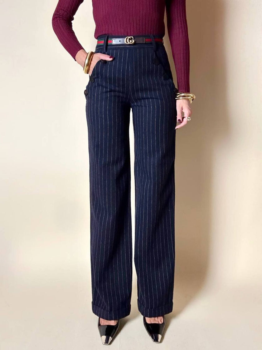 Pantalone a vita alta DOU DOU modello sailor in lana gessata blu notte