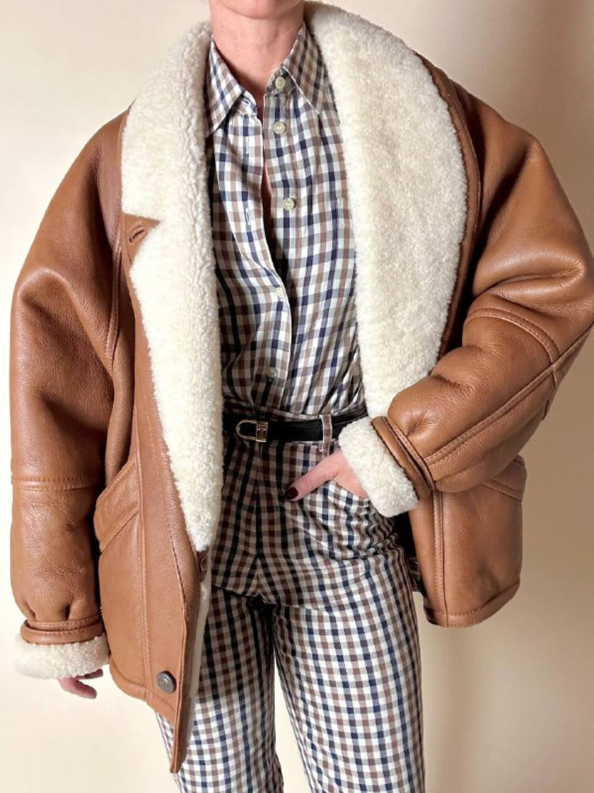 Schearling doppiopetto in pelle color cuoio con vello naturale Shearling Original