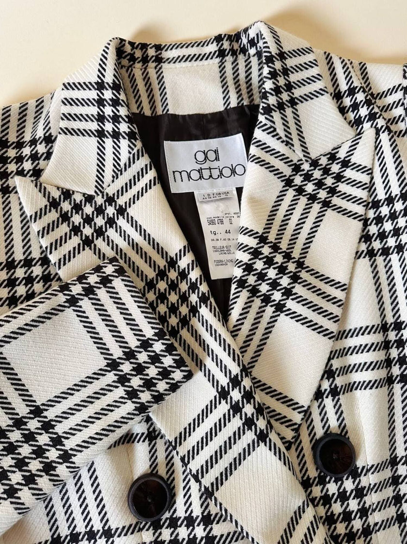 Blazer vintage Gai Mattiolo doppiopetto in lana panna con fantasia principe di Galles testa di moro