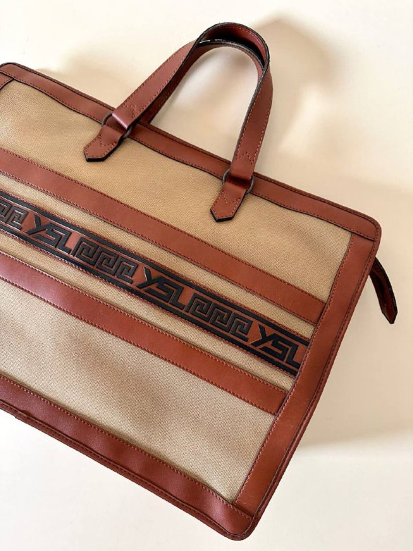 Borsa Yves Saint Laurent in canvas beige con profili color cuoio e motivo greca con logo