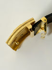 Cintura vintage Yves Saint Laurent in camoscio nero con maxi fibbia oro logata YSL