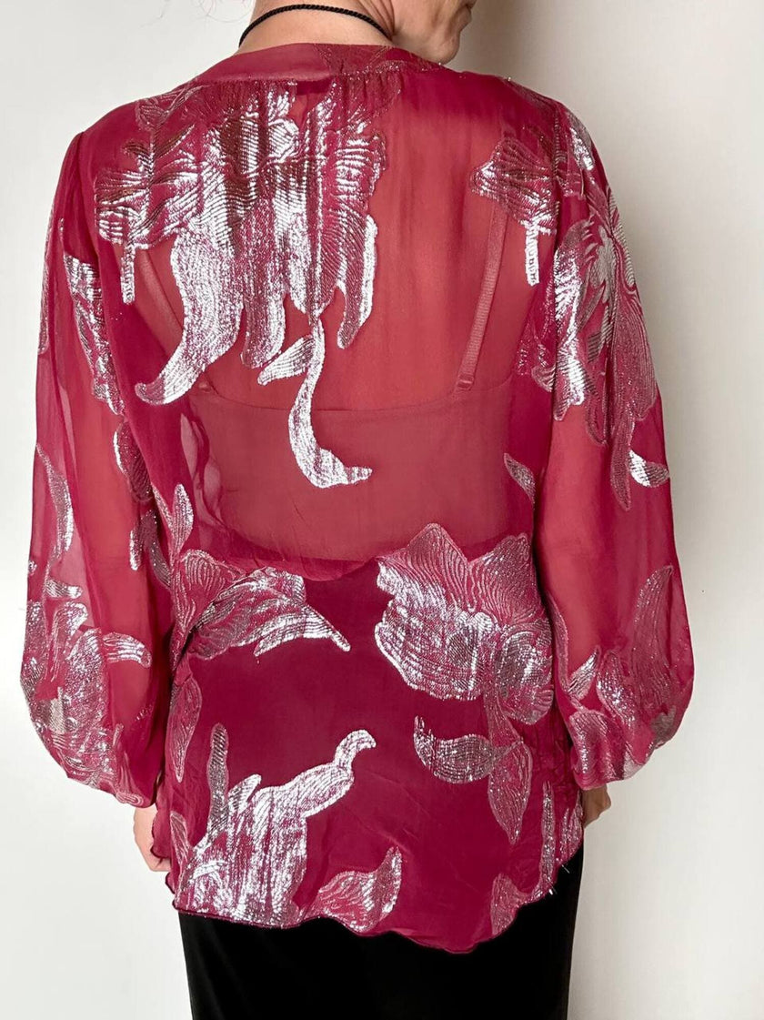 Blusa vintage Hale Bob in chiffon bordeaux fantasia floreale in lamé argento