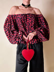 Blusa in seta nera con bocche e cuori rossi “Yves Saint Laurent”