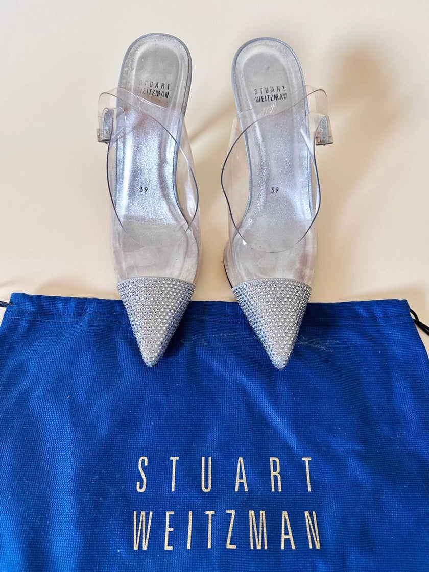 Slingback vintage a punta in plexi e strass argento Stuart Weitzman
