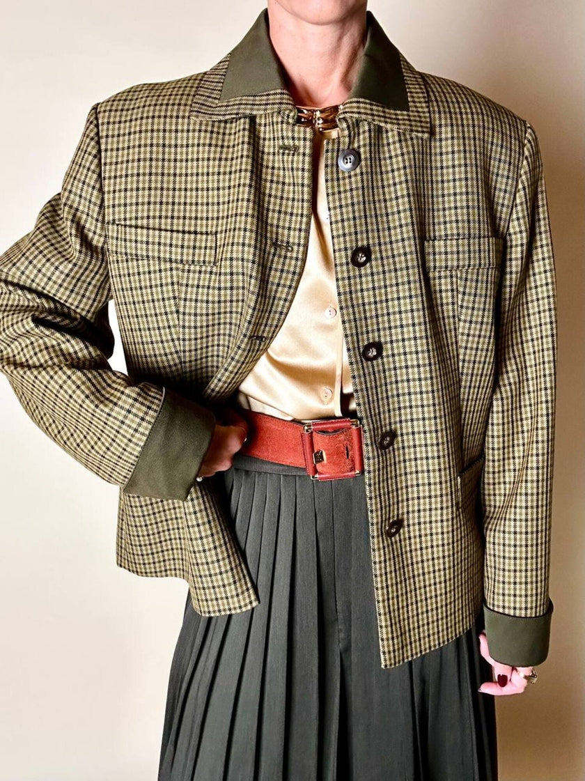 Blazer Byblos in rasato di lana pied de poule beige e verde con riporti verde oliva