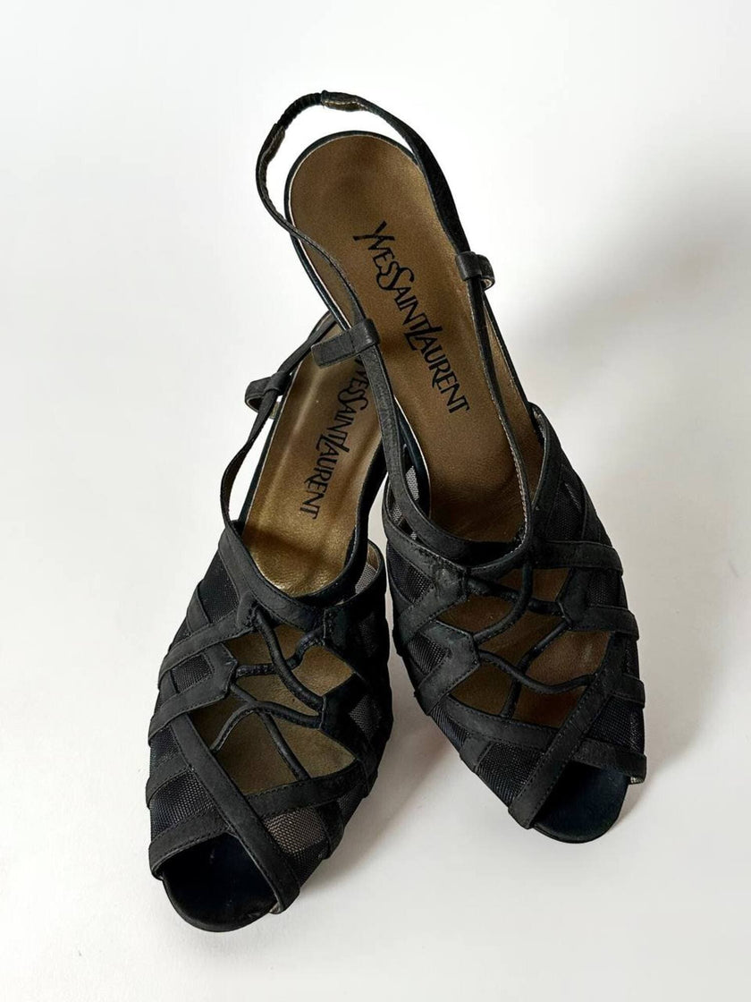 Sandali vintage Yves Saint Laurent in rete mesh nera e nabuk