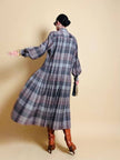 Maxi abito plissé in lana flanellata fantasia check