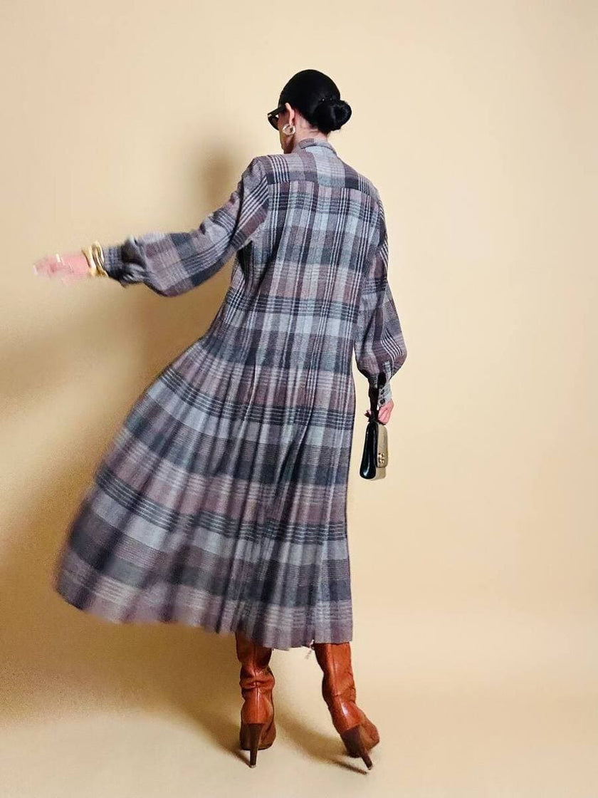Maxi abito plissé in lana flanellata fantasia check
