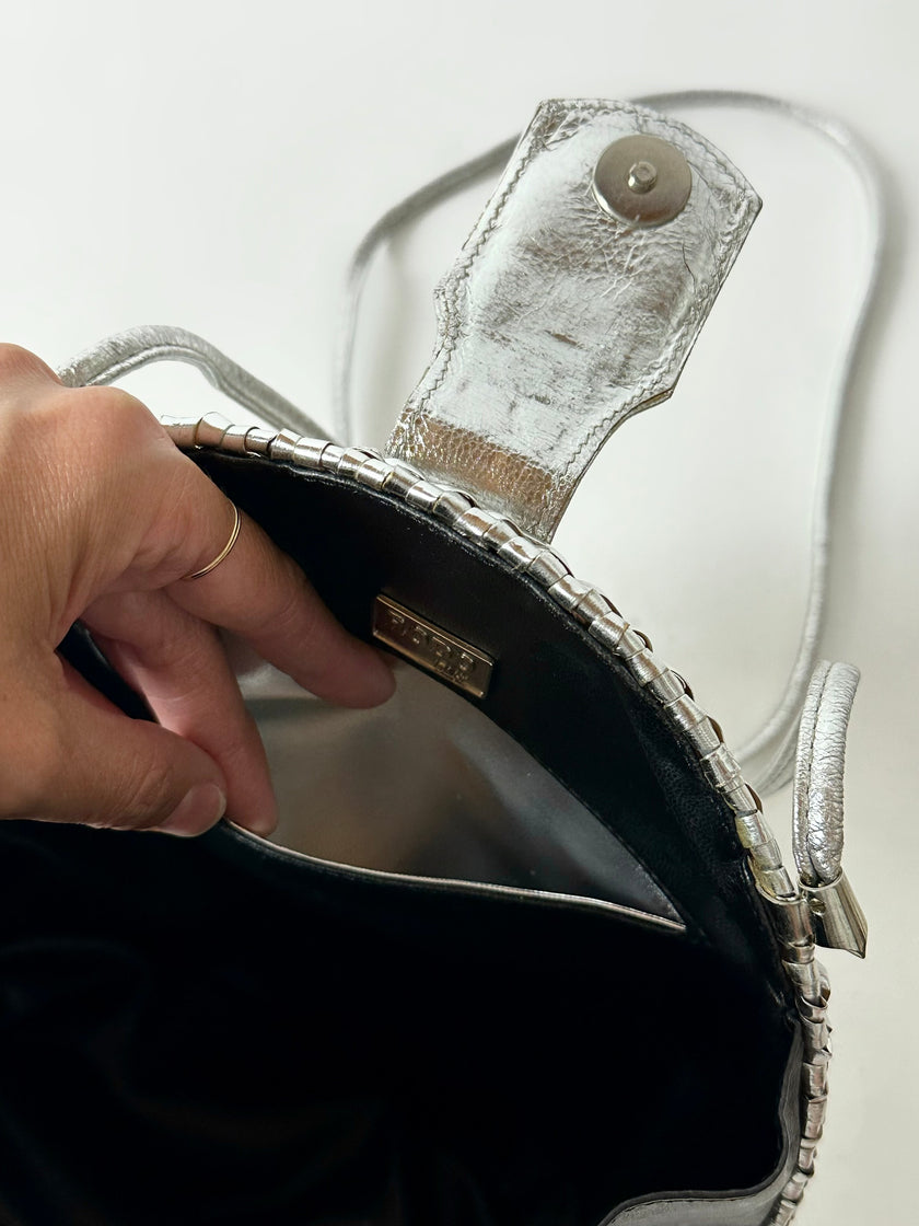 Borsa bandoulière vintage Rodo in midollino argento con chiusura gioiello