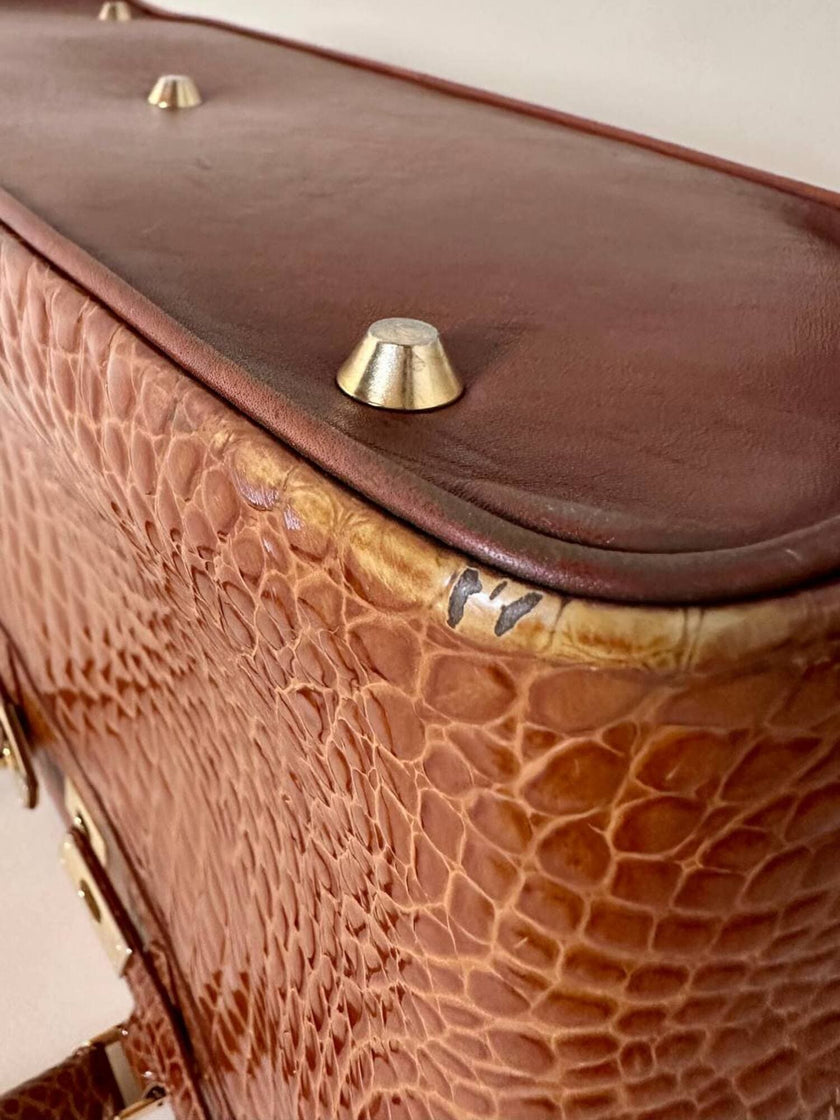 Maxi borsa in pelle stampa coccodrillo color cuoio