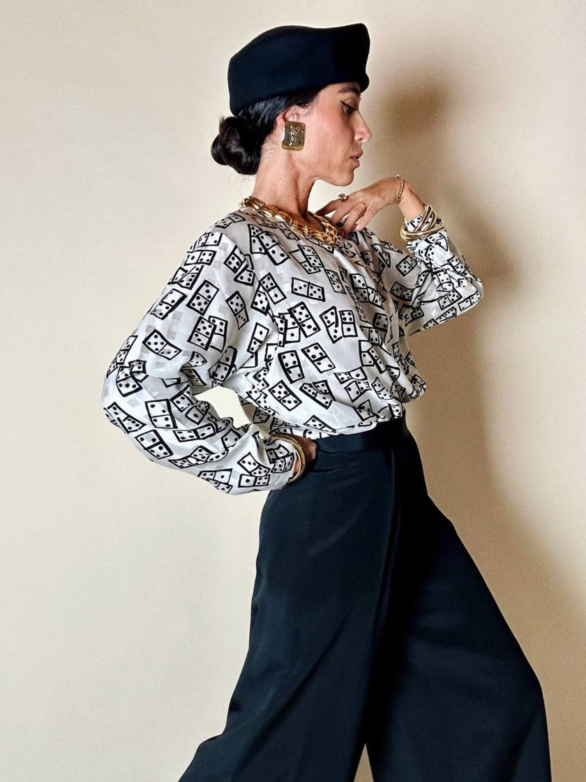 Blusa Yves Saint Laurent in tessuto jacquard bianco e nero fantasia Domino