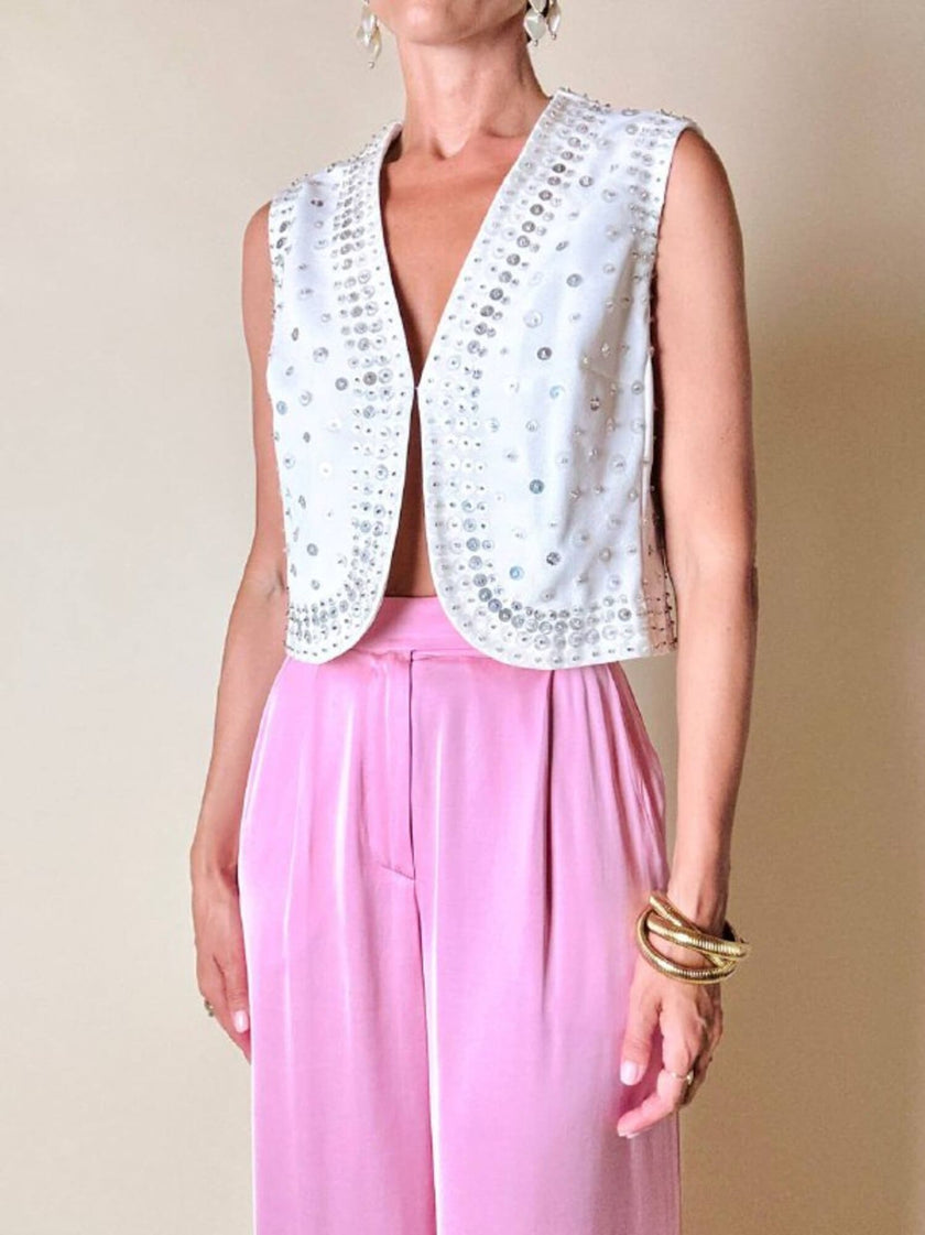 Gilet in crêpe bianco con paillettes ricamate “Brunella Mode”