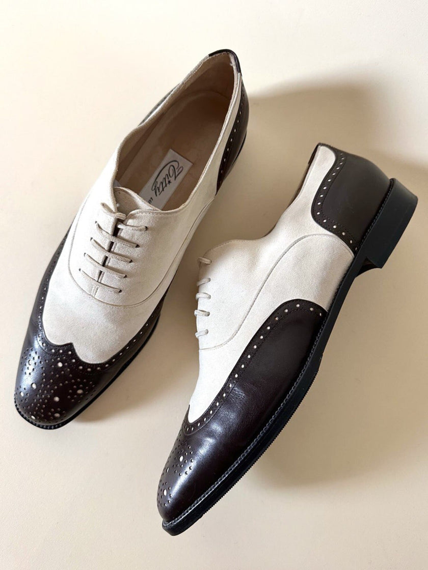 Two-tone Oxford shoes in ivory suede and dark brown leather Titty Lugano