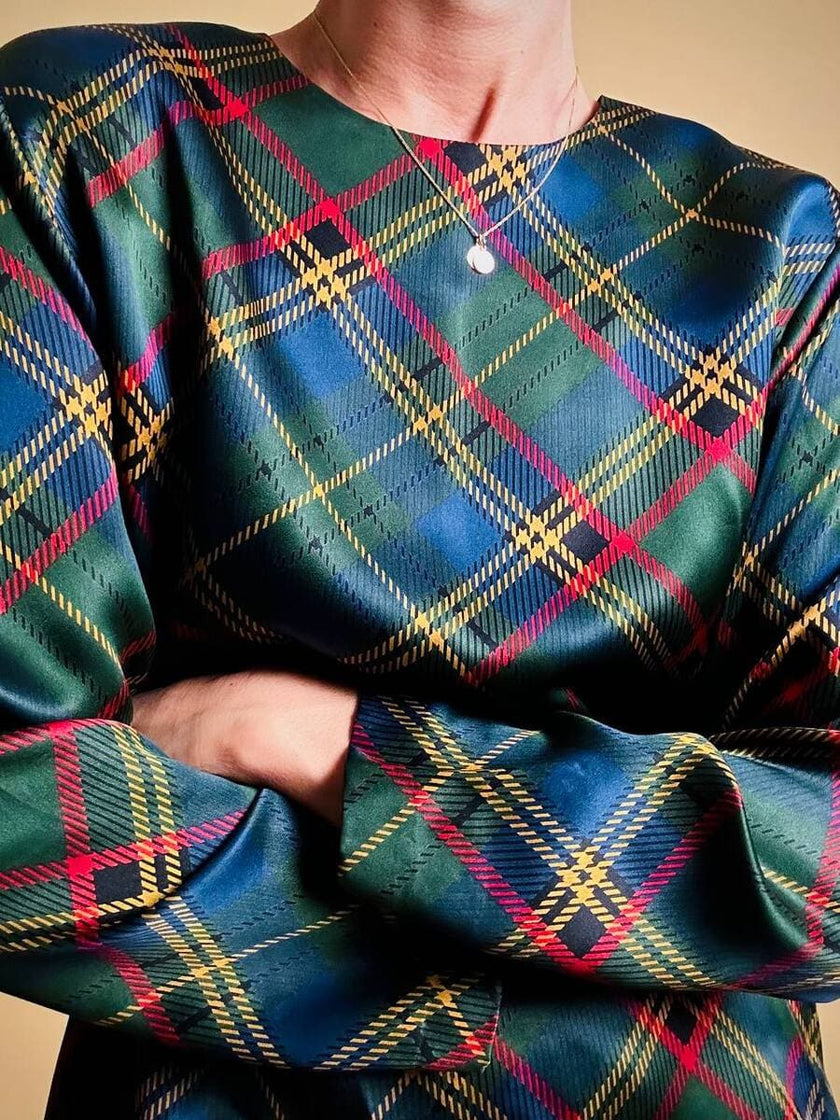Blusa in raso di seta tartan 