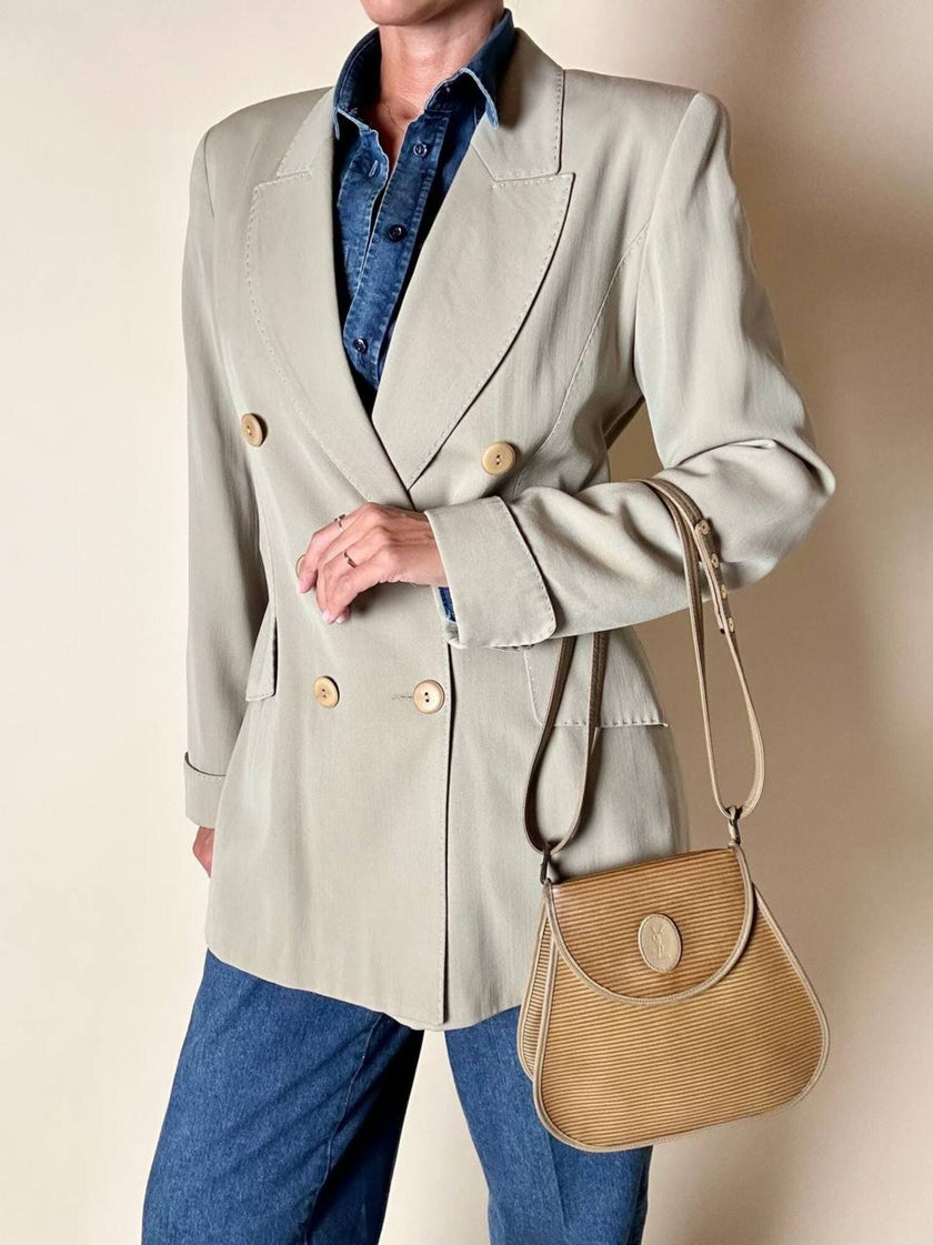 Borsa Yves Saint Laurent in tessuto plastificato millerighe color cammello con riporti in pelle argilla