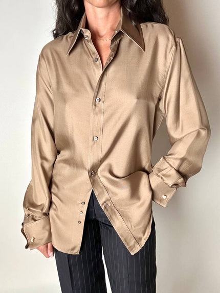 Camicia vintage Gucci in seta color tortora con bottoni in madreperla e gemelli ai polsi