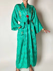 Green rayon jacquard kimono robe with multicolor embroidery
