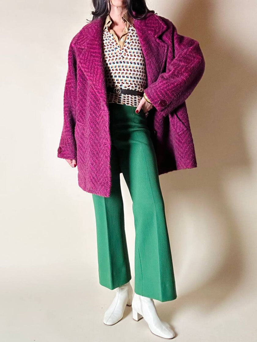 Capottino vintage spinato in tweed di lana e mohair magenta e prugna