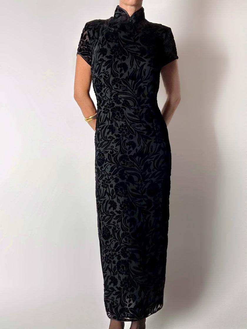 Abito qipao vintage in velluto di seta dévoré con alamari
