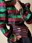 Pochette à lamelles miroirs multicolores avec bandoulière chaîne