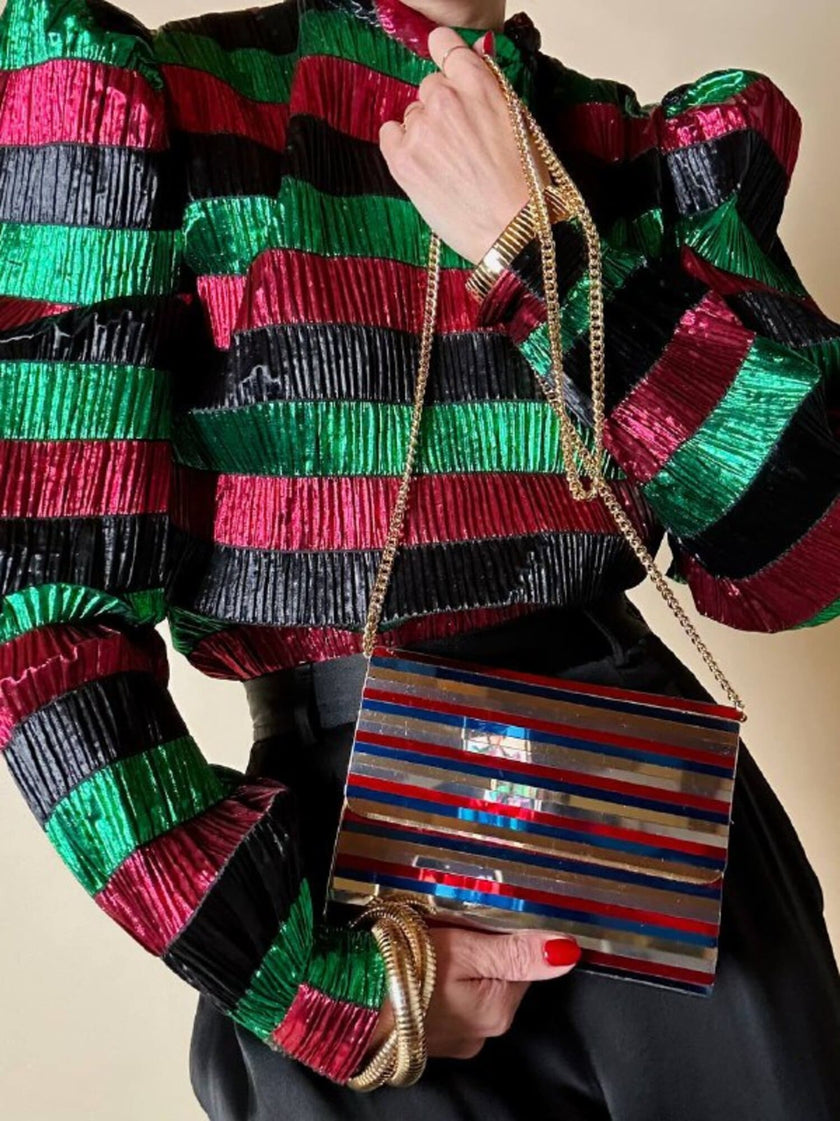 Pochette à lamelles miroirs multicolores avec bandoulière chaîne